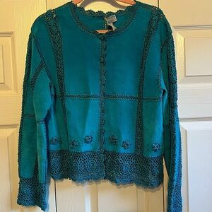 Rare Vintage SMH Turquoise Leather Patchwork Knit Jacket— Size Medium